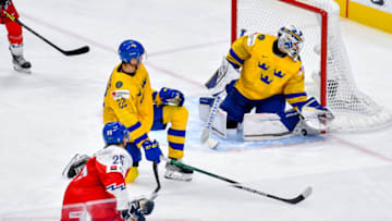 EDMONTON, AB - AUGUST 20: Jiri Kulich #25 of Czechia releases a shot toward goaltender Jesper Wallstedt #1of Sweden while William Wallinder #22 looks on during third period action in the 2022 IIHF World Junior Championship bronze medal game at Rogers Place on August 20, 2022 in Edmonton, Alberta, Canada. (Photo by Andy Devlin/Getty Images)