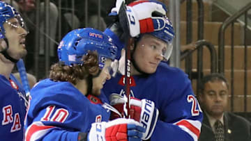 Artemi Panarin #10 of the New York Rangers congratulates Kaapo Kakko #24 ( (Photo by Bruce Bennett/Getty Images)