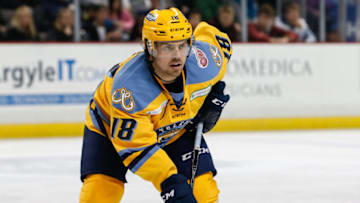 TOLEDO, OH - DECEMBER 29: Toledo Walleye forward Daniel Gentzler (18) waits for a face-off during a regular season ECHL hockey game between the Kalamazoo Wings and the Toledo Walleye on December 29, 2017, at the Huntington Center in Toledo, Ohio. (Photo by Scott W. Grau/Icon Sportswire via Getty Images)
