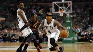 Apr 22, 2016; Boston, MA, USA; Boston Celtics guard Isaiah Thomas (4) drives the ball past Atlanta Hawks guard Dennis Schroder (17) during the second quarter in game three of the first round of the NBA Playoffs at TD Garden. Mandatory Credit: David Butler II-USA TODAY Sports