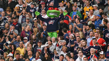 COLUMBUS, OH - APRIL 18: Columbus Blue Jackets mascot Stinger cheers with fans during a game against the Pittsburgh Penguins in Game Four of the Eastern Conference First Round during the 2017 NHL Stanley Cup Playoffs on April 18, 2017 at Nationwide Arena in Columbus, Ohio. Columbus defeated Pittsburgh 5-4. (Photo by Jamie Sabau/NHLI via Getty Images) *** Local Caption ***