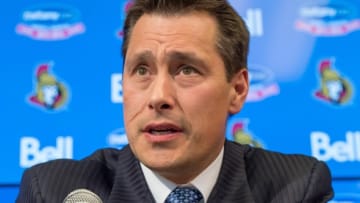 May 9, 2016; Ottawa, Ontario, CAN; Guy Boucher is introduced as the new head coach of the Ottawa Senators at a press conference at the Canadian Tire Centre. Mandatory Credit: Marc DesRosiers-USA TODAY Sports
