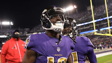 BALTIMORE, MD - OCTOBER 26: Wide Receiver Jeremy Maclin #18 and wide receiver Breshad Perriman #11 of the Baltimore Ravens celebrate after a first quarter touchdown against the Miami Dolphins at M&T Bank Stadium on October 26, 2017 in Baltimore, Maryland. (Photo by Rob Carr/Getty Images)
