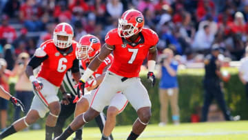 Apr 16, 2016; Athens, GA, USA; Georgia Bulldogs linebacker Lorenzo Carter (7) on the sideline during the second half of the spring game at Sanford Stadium. The Black team defeated the Red team 34-14. Mandatory Credit: Brett Davis-USA TODAY Sports