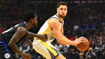 LOS ANGELES, CA - APRIL 21: Golden State Warriors Guard Klay Thompson (11) looks to make a pass during game four of the first round of the 2019 NBA Playoffs between the Golden State Warriors and the Los Angeles Clippers on April 21, 2019 at Staples Center in Las Angeles, CA.(Photo by Brian Rothmuller/Icon Sportswire via Getty Images)