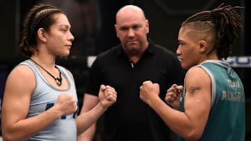 LAS VEGAS, NV - AUGUST 18: (L-R) Nicco Montano and Sijara Eubanks face off during the filming of The Ultimate Fighter: A New World Champion at the UFC TUF Gym on August 18, 2017 in Las Vegas, Nevada. (Photo by Brandon Magnus/Zuffa LLC/Zuffa LLC via Getty Images)
