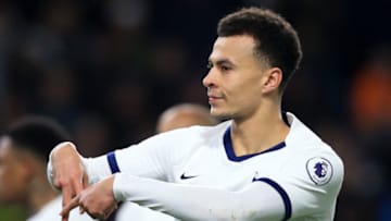 Tottenham Hotspur's English midfielder Dele Alli celebrates after scoring their first goal from the penalty spot during the English Premier League football match between Burnley and Tottenham at Turf Moor in Burnley, north west England on March 7, 2020. (Photo by Lindsey Parnaby / AFP) / RESTRICTED TO EDITORIAL USE. No use with unauthorized audio, video, data, fixture lists, club/league logos or 'live' services. Online in-match use limited to 120 images. An additional 40 images may be used in extra time. No video emulation. Social media in-match use limited to 120 images. An additional 40 images may be used in extra time. No use in betting publications, games or single club/league/player publications. / (Photo by LINDSEY PARNABY/AFP via Getty Images)