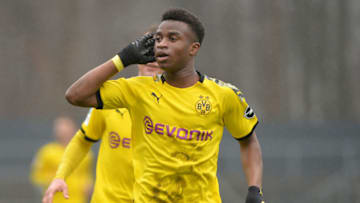 COLOGNE, GERMANY - FEBRUARY 02: (BILD ZEITUNG OUT) Youssoufa Moukoko of Borussia Dortmund U19 celebrates after scoring his teams second goal during the U19 Bundesliga match between 1. FC Koeln U19 and Borussia Dortmund U19 on February 2, 2020 in Cologne, Germany. (Photo by Ralf Trees/DeFodi Images via Getty Images)