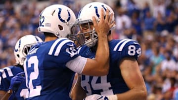 Sep 11, 2016; Indianapolis, IN, USA; Indianapolis Colts quarterback Andrew Luck (12) celebrates throwing a touchdown pass to tight end Jack Doyle (84) in the second half against the Detroit Lions at Lucas Oil Stadium. The Lions won 39-35. Mandatory Credit: Aaron Doster-USA TODAY Sports