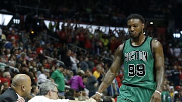 Apr 9, 2016; Atlanta, GA, USA; Boston Celtics forward Jae Crowder (99) walks to the bench in the fourth quarter of their game against the Atlanta Hawks at Philips Arena. The Hawks won 118-107. Mandatory Credit: Jason Getz-USA TODAY Sports