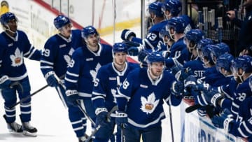 Carl Dahlstršm celebrates his goal for the Toronto Marlies with his teammates at the Adirondack Bank Center in Utica on Friday, May 5, 2023. Toronto defeated Utica 4-1, eliminating the Comets from the playoffs.