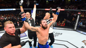 CLEVELAND, OH - SEPTEMBER 10: Jimmie Rivera celebrates after defeating Urijah Faber in their bantamweight bout during the UFC 203 event at Quicken Loans Arena on September 10, 2016 in Cleveland, Ohio. (Photo by Josh Hedges/Zuffa LLC/Zuffa LLC via Getty Images)
