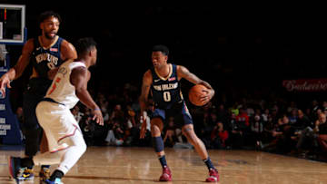 NEW YORK, NY - OCTOBER 18: Nickeil Alexander-Walker #0 of the New Orleans Pelicans handles the ball against the New York Knicks during a pre-season game on October 18, 2019 at Madison Square Garden in New York City, New York. NOTE TO USER: User expressly acknowledges and agrees that, by downloading and or using this photograph, User is consenting to the terms and conditions of the Getty Images License Agreement. Mandatory Copyright Notice: Copyright 2019 NBAE (Photo by Nathaniel S. Butler/NBAE via Getty Images)