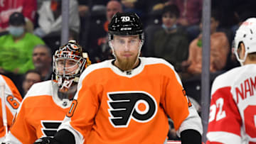 Feb 9, 2022; Philadelphia, Pennsylvania, USA; Philadelphia Flyers defenseman Rasmus Ristolainen (70) against the Detroit Red Wings at Wells Fargo Center. Mandatory Credit: Eric Hartline-USA TODAY Sports
