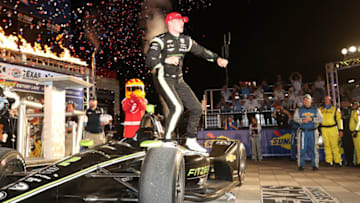 FORT WORTH, TEXAS - JUNE 08: Josef Newgarden of the United States, driver of the #2 Fitzgerald USA Team Penske Chevrolet, celebrates in victory lane after winning the NTT IndyCar Series DXC Technology 600 at Texas Motor Speedway on June 08, 2019 in Fort Worth, Texas. (Photo by Chris Graythen/Getty Images)