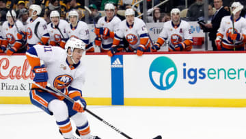 Feb 20, 2023; Pittsburgh, Pennsylvania, USA; New York Islanders left wing Zach Parise (11) against the Pittsburgh Penguins during the second period at PPG Paints Arena. Mandatory Credit: Charles LeClaire-USA TODAY Sports
