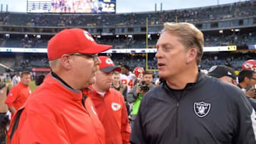 Dec 6, 2015; Oakland, CA, USA; Kansas City Chiefs head coach Andy Reid (left) shakes hands with Oakland Raiders head coach Jack Del Rio after an NFL football game at O.co Coliseum. The Chiefs defeated the Raiders 34-20. Mandatory Credit: Kirby Lee-USA TODAY Sports