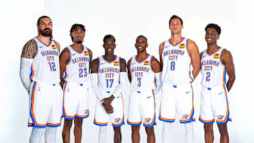 OKC Thunder: Steven Adams #12, Terrance Ferguson #23, Dennis Schroder #17, Chris Paul #3, Danilo Gallinari #8, Shai Gilgeous-Alexander #2 pose for a portrait during media day (Photo by Zach Beeker/NBAE via Getty Images)