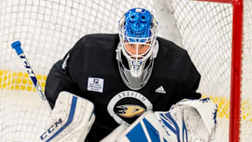 ANAHEIM, CA - SEPTEMBER 06: Goaltender Lukas Dostal #1 of the Anaheim Ducks prepares to block a shot during the Anaheim Ducks Rookie Camp at Anaheim ICE in Anaheim on Thursday, September 6, 2018. (Photo by Leonard Ortiz/Digital First Media/Orange County Register via Getty Images)