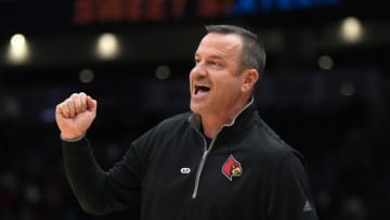 Mar 24, 2023; Seattle, WA, USA; Louisville Cardinals coach Jeff Walz reacts in the second half against the Ole Miss Rebels at Climate Pledge Arena. Mandatory Credit: Kirby Lee-USA TODAY Sports