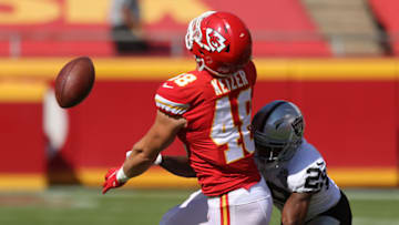 KANSAS CITY, MISSOURI - OCTOBER 11: Lamarcus Joyner #29 of the Las Vegas Raiders defends a pass attempt to Nick Keizer #48 of the Kansas City Chiefs during the second quarter at Arrowhead Stadium on October 11, 2020 in Kansas City, Missouri. (Photo by Jamie Squire/Getty Images)