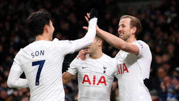 LONDON, ENGLAND - MARCH 07: Harry Kane of Tottenham Hotspur celebrates with team mate Heung-Min Son after scoring their sides fifth goal during the Premier League match between Tottenham Hotspur and Everton at Tottenham Hotspur Stadium on March 07, 2022 in London, England. (Photo by Mike Hewitt/Getty Images)