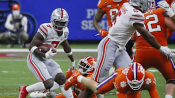 Ohio State Buckeyes cornerback Sevyn Banks (7) runs back an interception of Clemson Tigers quarterback Trevor Lawrence (16) during the fourth quarter of the College Football Playoff semifinal at the Allstate Sugar Bowl in the Mercedes-Benz Superdome in New Orleans on Friday, Jan. 1, 2021. Ohio State won 49-28.College Football Playoff Ohio State Faces Clemson In Sugar Bowl