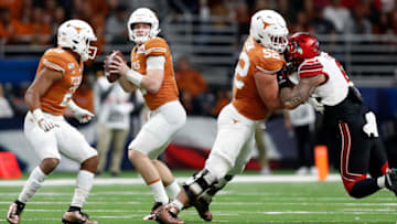 2021 NFL Draft prospect, Samuel Cosmi #52 of the Texas Longhorns (Photo by Tim Warner/Getty Images)