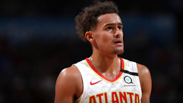 OKLAHOMA CITY, OK - JANUARY 24: Trae Young #11 of the Atlanta Hawks looks on during the game against the Oklahoma City Thunder on January 24, 2020 at Chesapeake Energy Arena in Oklahoma City, Oklahoma. NOTE TO USER: User expressly acknowledges and agrees that, by downloading and or using this photograph, User is consenting to the terms and conditions of the Getty Images License Agreement. Mandatory Copyright Notice: Copyright 2020 NBAE (Photo by Zach Beeker/NBAE via Getty Images)
