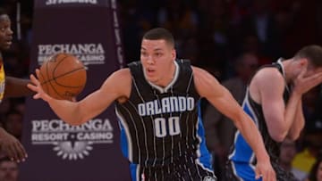 Mar 8, 2016; Los Angeles, CA, USA; Orlando Magic forward Aaron Gordon (00) reaches for a rebound in the first half of the game against the Los Angeles Lakers at Staples Center. Mandatory Credit: Jayne Kamin-Oncea-USA TODAY Sports