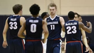 Feb 6, 2016; Malibu, CA, USA; Gonzaga Bulldogs forward Domantas Sabonis (11) celebrates with teammates during the first half against the Pepperdine Waves at Firestone Fieldhouse. Mandatory Credit: Kelvin Kuo-USA TODAY Sports