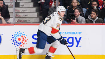 MONTREAL, QC - MARCH 26: Florida Panthers defenseman Mark Pysyk (13) skates with the puck during the second period of the NHL game between the Florida Panthers and the Montreal Canadiens on March 26, 2019, at the Bell Centre in Montreal, QC (Photo by Vincent Ethier/Icon Sportswire via Getty Images)