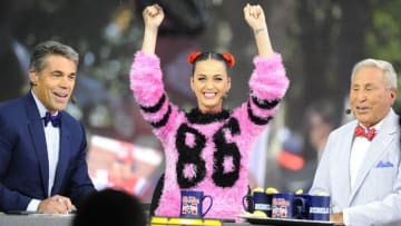 Oct 4, 2014; Oxford, MS, USA; Chris Fowler and Katy Perry and Lee Corso of ESPN College Gameday prior to the Mississippi Rebels game against the Alabama Crimson Tide at Vaught-Hemingway Stadium. Mandatory Credit: Christopher Hanewinckel-USA TODAY Sports