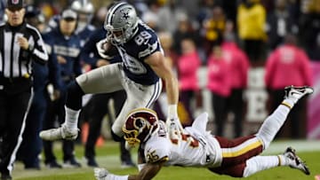LANDOVER, MD - OCTOBER 21: Tight end Blake Jarwin #89 of the Dallas Cowboys is tackled by strong safety Montae Nicholson #35 of the Washington Redskins in the fourth quarter at FedExField on October 21, 2018 in Landover, Maryland. (Photo by Patrick McDermott/Getty Images)