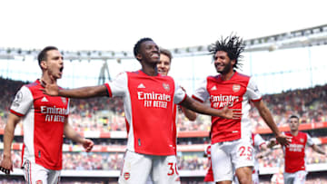 LONDON, ENGLAND - MAY 08: Eddie Nketiah of Arsenal celebrates scoring their side's second goal with teammates during the Premier League match between Arsenal and Leeds United at Emirates Stadium on May 08, 2022 in London, England. (Photo by Ryan Pierse/Getty Images)