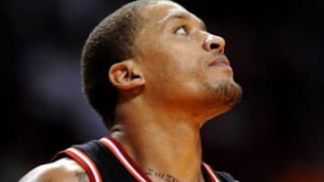 Jan 26, 2014; Miami, FL, USA; Miami Heat small forward Michael Beasley (8) during the second half against the San Antonio Spurs at American Airlines Arena. Mandatory Credit: Steve Mitchell-USA TODAY Sports