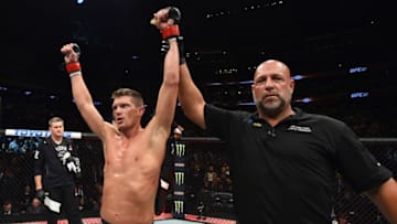 NEW YORK, NY - NOVEMBER 04: Stephen Thompsoncelebrates his victory over Jorge Masvidal in their welterweight bout during the UFC 217 event at Madison Square Garden on November 4, 2017 in New York City. (Photo by Josh Hedges/Zuffa LLC/Zuffa LLC via Getty Images)