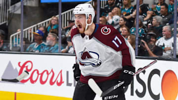 SAN JOSE, CA - MAY 08: Colorado Avalanche forward Tyson Jost (17) celebrates scoring his side's second goal in the third period during game seven of the second round of the Stanley Cup Playoffs between the Colorado Avalanche and the San Jose Sharks on May 8, 2019 at SAP Center in San Jose, CA. (Photo by Cody Glenn/Icon Sportswire via Getty Images)
