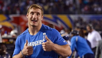 Sep 1, 2016; San Diego, CA, USA; San Diego Chargers defensive lineman Joey Bosa reacts during the fourth quarter against the San Francisco 49ers at Qualcomm Stadium. Mandatory Credit: Jake Roth-USA TODAY Sports