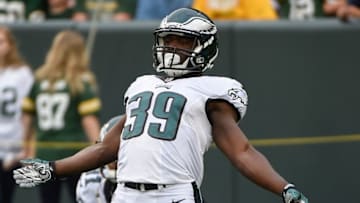 Aug 29, 2015; Green Bay, WI, USA; Philadelphia Eagles running back Kevin Monangai (39) warms up before game against the Green Bay Packers at Lambeau Field. Mandatory Credit: Benny Sieu-USA TODAY Sports