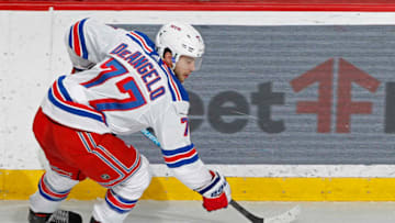 ST. PAUL, MN - MARCH 16: Tony DeAngelo #77 of the New York Rangers skates with the puck during a game with the Minnesota Wild at Xcel Energy Center on March 16, 2019 in St. Paul, Minnesota.(Photo by Bruce Kluckhohn/NHLI via Getty Images)