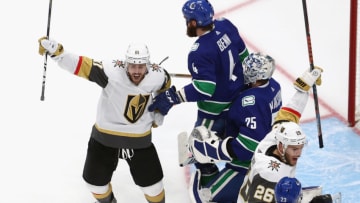 EDMONTON, ALBERTA - AUGUST 29: Jonathan Marchessault #81 of the Vegas Golden Knights celebrates a goal by teammate Mark Stone (not pictured) against the Vancouver Canucks during the third period in Game Three of the Western Conference Second Round during the 2020 NHL Stanley Cup Playoffs at Rogers Place on August 29, 2020 in Edmonton, Alberta, Canada. (Photo by Bruce Bennett/Getty Images)