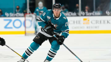 May 8, 2021; San Jose, California, USA; San Jose Sharks right wing Timo Meier (28) controls the puck during the first period against the Arizona Coyotes at SAP Center at San Jose. Mandatory Credit: Stan Szeto-USA TODAY Sports