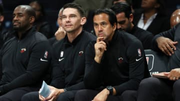 Head coach Erik Spoelstra of the Miami Heat looks on during the second half against the Brooklyn Nets(Photo by Sarah Stier/Getty Images)