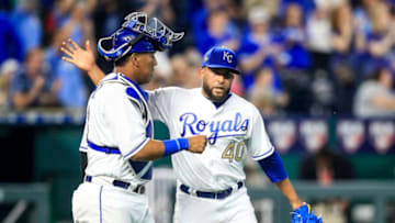 KANSAS CITY, MO - MAY 04: Salvador Perez #13 and Kelvin Herrera #40 of the Kansas City Royals celebrate the win over the Detroit Tigers at Kauffman Stadium on May 4, 2018 in Kansas City, Missouri. (Photo by Brian Davidson/Getty Images) *** Local Caption *** Salvador Perez; Kelvin Herrera