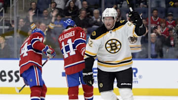 Oct 4, 2016; Quebec City, Quebec, CAN; Boston Bruins forward David Backes (42) celebrates after Bruins forward Ryan Spooner (not pictured) scores a goal against the Montreal Canadiens during the first period of a preseason hockey game at Centre Videotron. Mandatory Credit: Eric Bolte-USA TODAY Sports