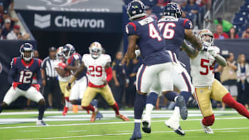 HOUSTON, TX - AUGUST 18: Deshaun Watson #4 of the Houston Texans passes during the game against the San Francisco 49ers at NRG Stadium on August 18, 2018 in Houston, Texas. The Texans defeated the 49ers 16-13. (Photo by Michael Zagaris/San Francisco 49ers/Getty Images)