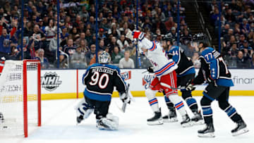 COLUMBUS, OH - JANUARY 16: Barclay Goodrow #21 of the New York Rangers reacts after deflecting the puck past Elvis Merzlikins #90 of the Columbus Blue Jackets for a goal during the first period of the game at Nationwide Arena on January 16, 2023 in Columbus, Ohio. (Photo by Kirk Irwin/Getty Images)