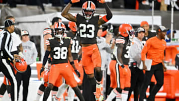 CLEVELAND, OHIO - OCTOBER 31: Martin Emerson Jr. #23 of the Cleveland Browns celebrates after deflecting a pass during the fourth quarter of the game against the Cincinnati Bengals at FirstEnergy Stadium on October 31, 2022 in Cleveland, Ohio. (Photo by Jason Miller/Getty Images)