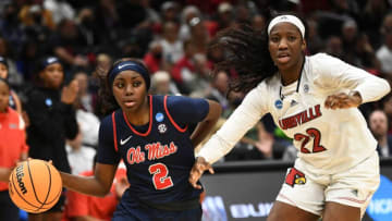 Ole Miss' Marquesha Davis (2) moves towards the basket while guarded by Louisville's Liz Dixon (22) during the Sweet 16 of the NCAA college basketball tournament at Climate Pledge Arena in Seattle, WA on Friday, March 24, 2023.Ncaa Ole Miss Louisville
